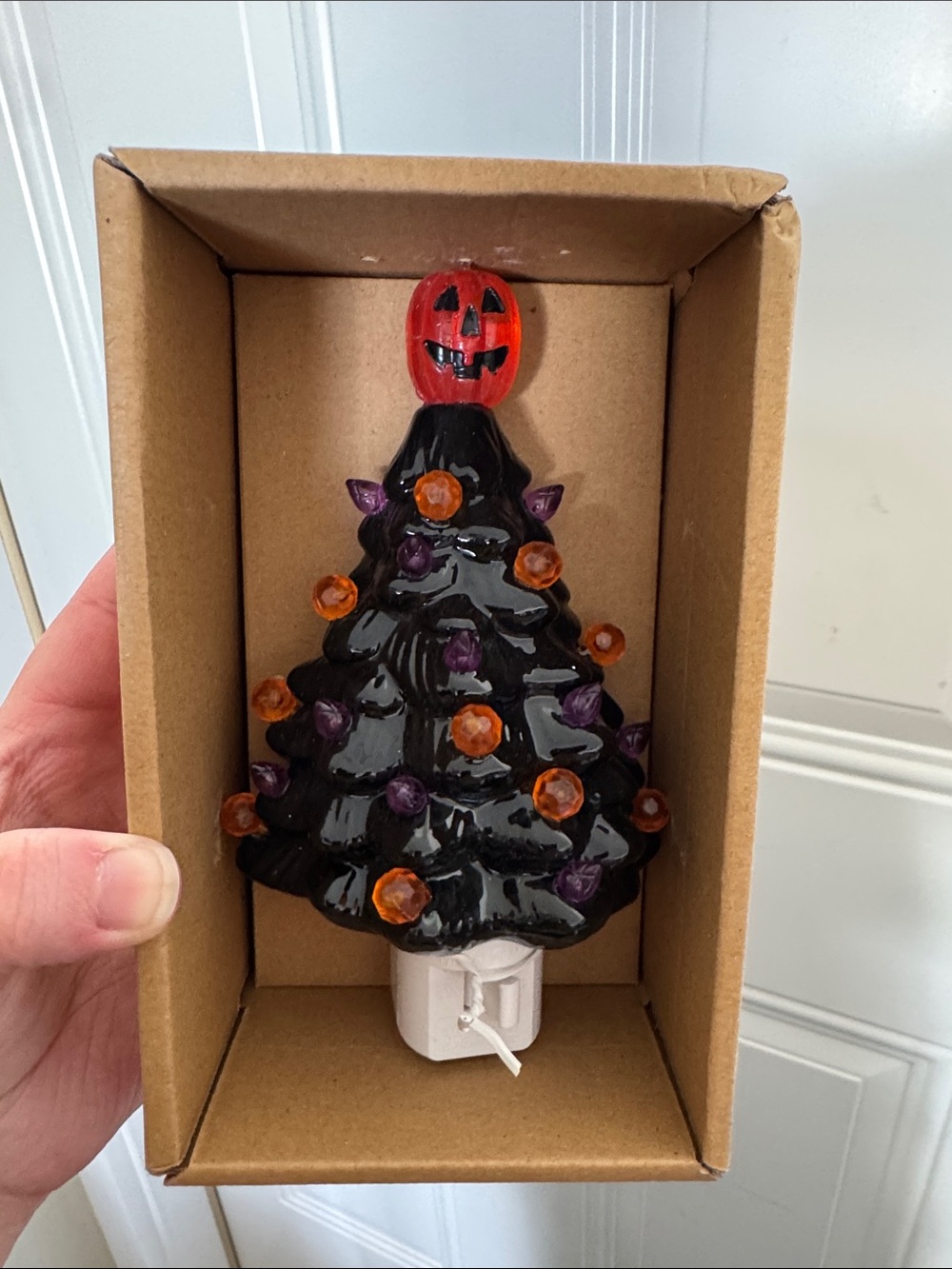 Handcrafted Black Ceramic Holiday Night Light with Orange Pumpkin Top